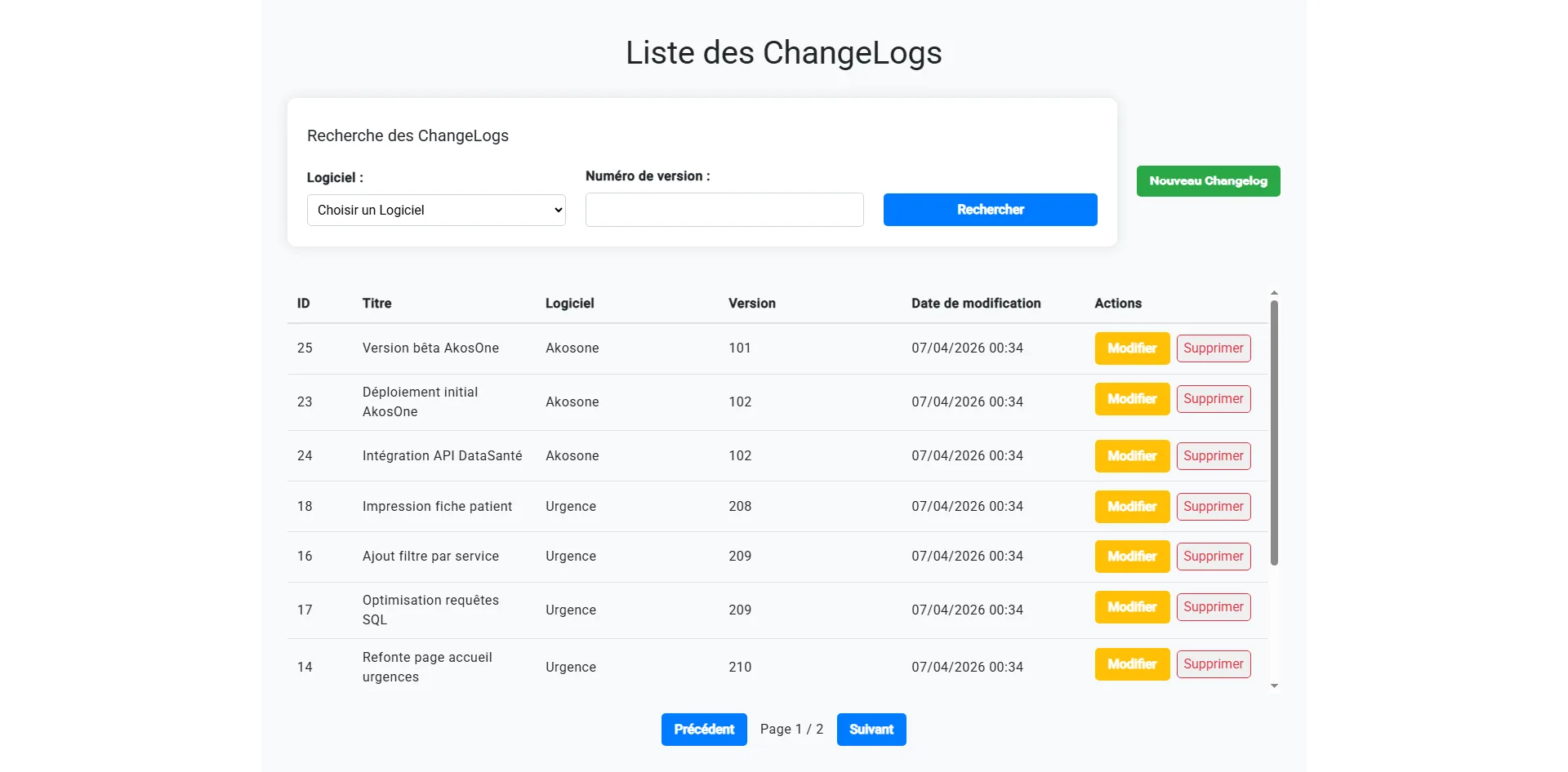 Liste des changelogs WAChangeLogUrgence